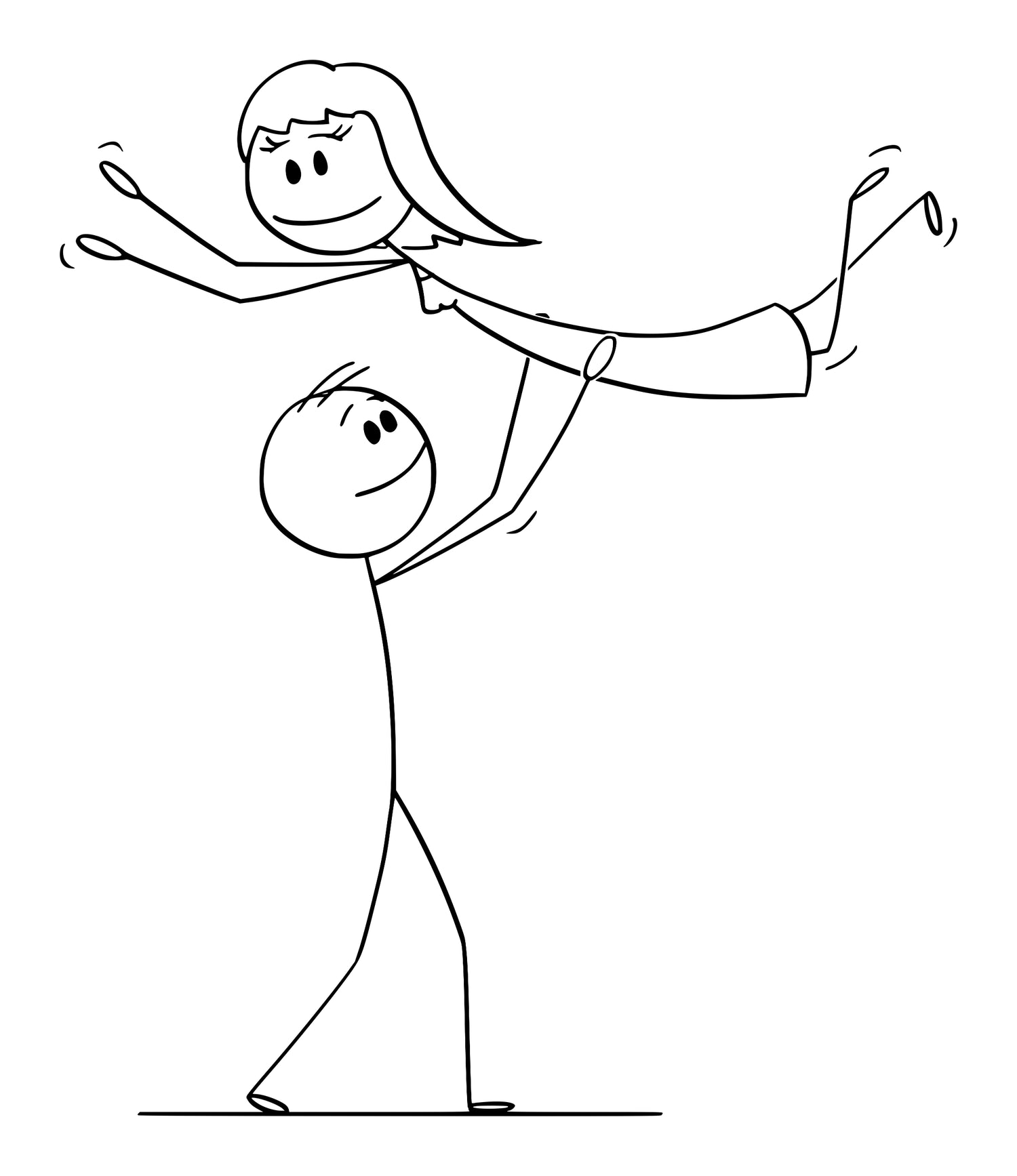 drawing of stick figure man lifting stick figure woman overhead